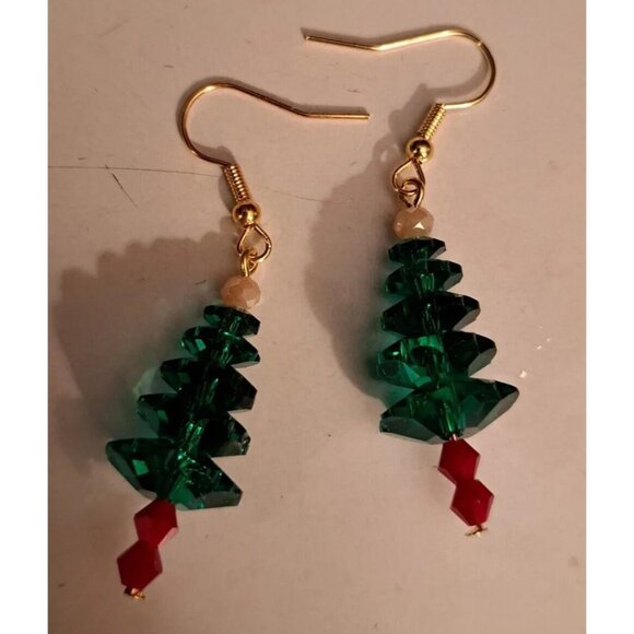 Artisan Jewelry - Christmas Tree Earrings 3D Green Holiday 3/4" Long Dangle